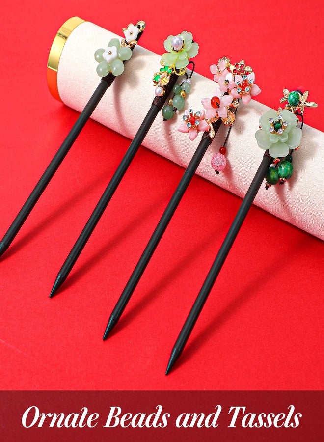 ValueBargain Japanese Hair Pin, 4 Pcs Japanese Hair Stick, 7" Asian Hairs Accessories with Flower Bead Pendants Vintage Tassel for Long Thick Hairstyle Bun, (Multi-colored) - Image 4